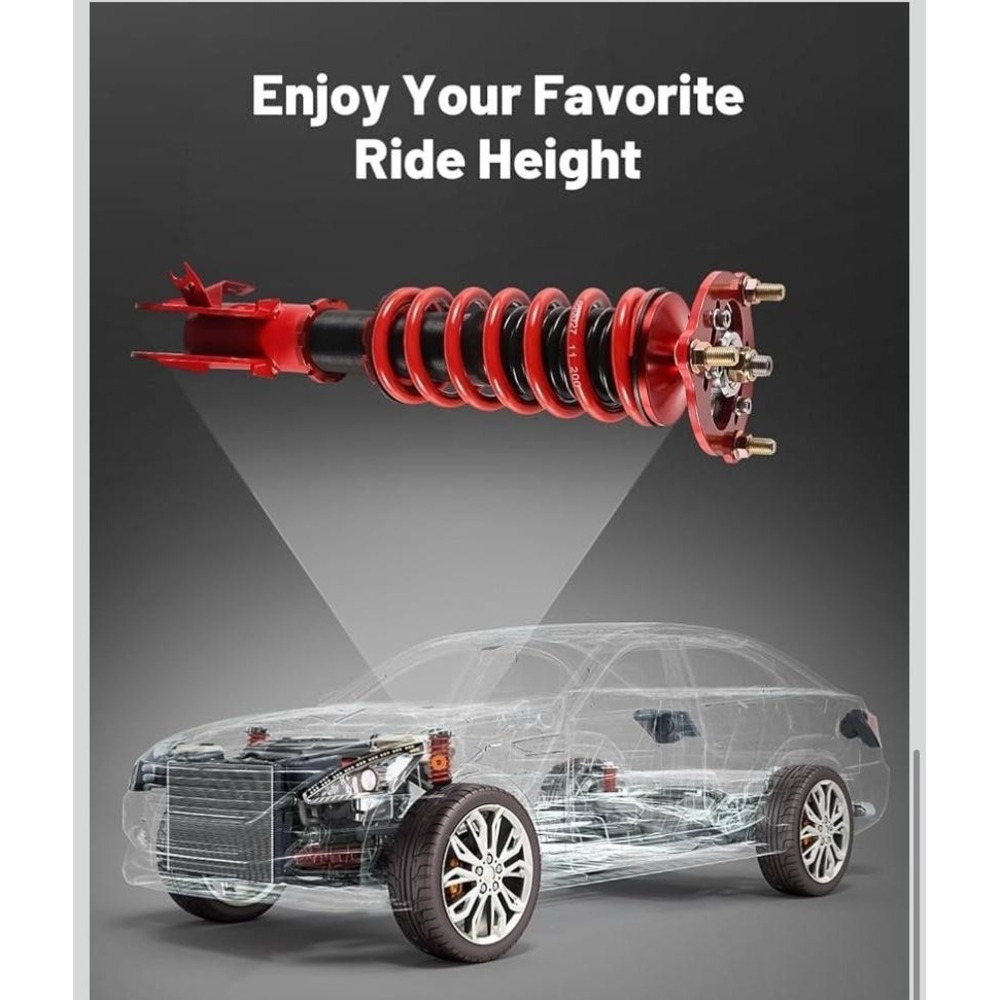Adjustable Coilover Shock Strut Kit Set 4 Red 1-3in Drop Front Rear Suspension - Picture 9 of 10